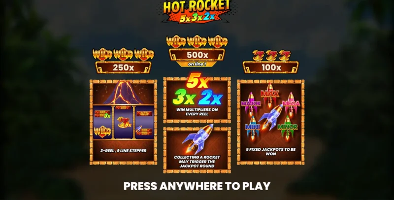 Hot Rocket 5x 3x 2x — menu główne z bębnami i przyciskiem obrotu